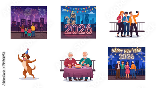 New Year Celebration Collection: A vibrant assortment of scenes capturing the essence of celebration. Including fireworks, dog with party hat, older couple with cake and other celebratory images.