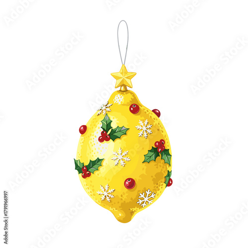 Bright Yellow Lemon Christmas Tree Ornament Adorned with Holly Leaves, Red Berries, and Snowflakes