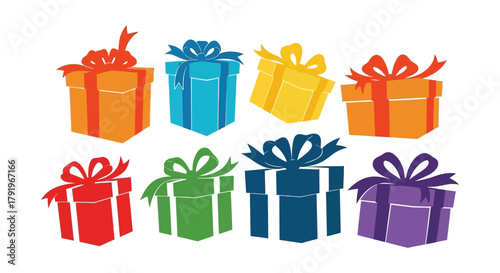 Collection of colorful gift boxes with ribbons and bows on a white background