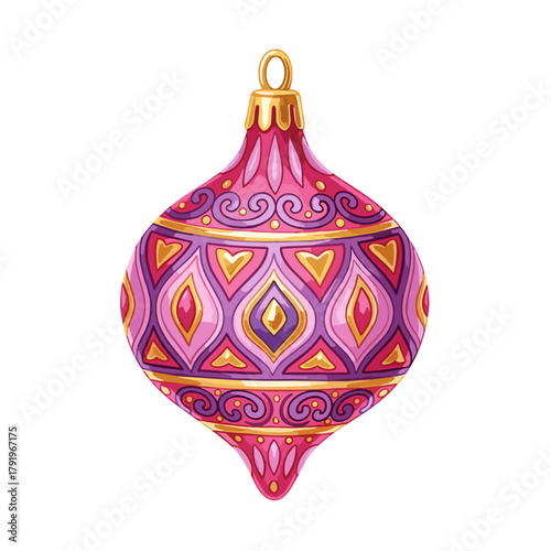 Elegant Pink and Purple Christmas Ornament with Gold Accents and Intricate Patterns, Watercolor Illustration for Holiday Decor