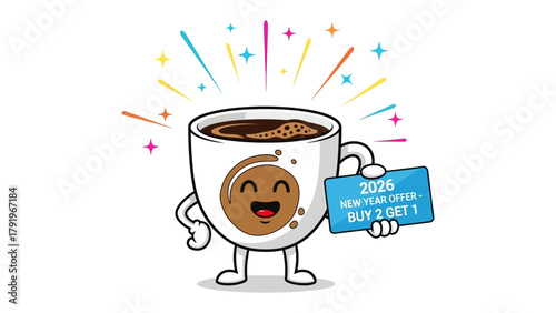 Coffee Cup Character and New Year Deal: A cheerful coffee cup character smiles brightly while advertising a Buy 2 Get 1 New Year offer.