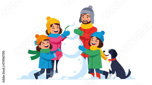 Wintertime Family Fun: Capturing a heartwarming scene of togetherness, a family is joyfully crafting a snowman amidst a snowy winter landscape.