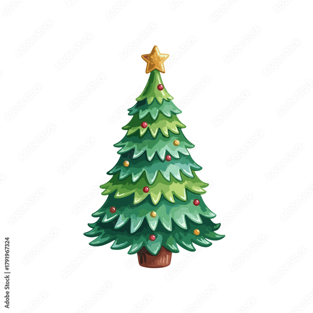 Fototapeta premium Cute cartoon Christmas tree illustration with golden star and colorful ornaments, perfect for holiday season designs and festive celebrations