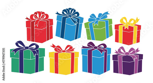 Collection of eight colorful wrapped gift boxes with ribbons and bows for celebrations and holidays