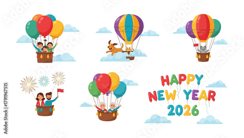 Balloon Fantasy: Whimsical illustrations depict a festive celebration of happiness and new beginnings, with colorful hot air balloons soaring amidst fluffy clouds against a bright sky. 