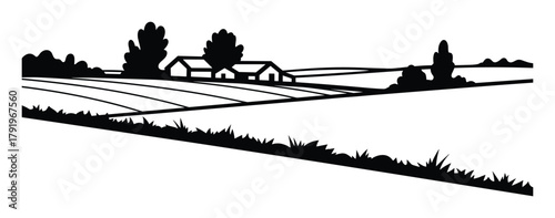 Countryside view with farmhouses, green fields, and trees. Idyllic summer rural landscape illustration.