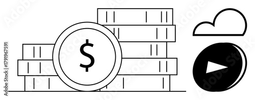 Stacked coins with a dollar sign next to a cloud and play button. Ideal for finance, investments, digital economy, wealth generation, streaming, fintech, savings. Simple flat metaphor