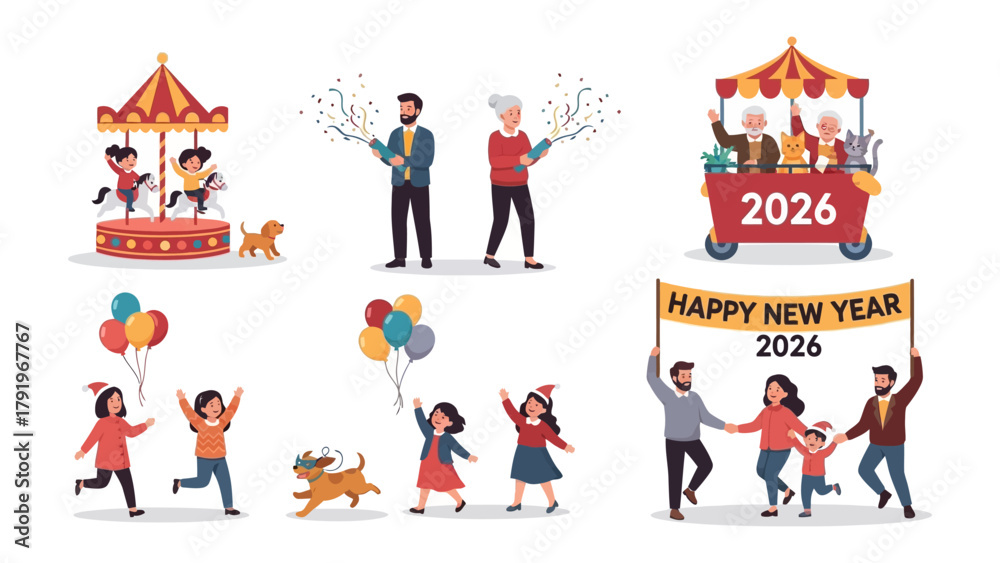 Obraz premium New Year Celebrations 2026: Various scenes depict festive celebrations, joyful family moments, and vibrant amusement park, all under the banner of the coming year.