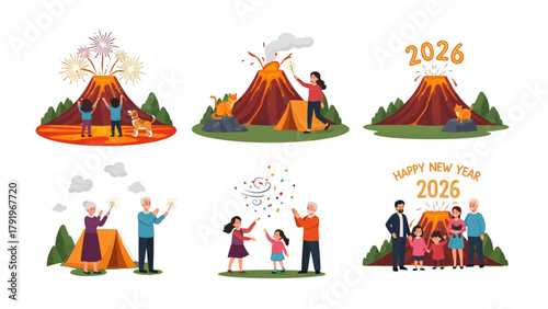 New Year 2026: A composite image showcases scenes of diverse families and individuals celebrating the new year with a volcano theme, fireworks, and cheerful gatherings.