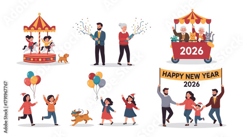 New Year Celebrations 2026: Various scenes depict festive celebrations, joyful family moments, and vibrant amusement park, all under the banner of the coming year.