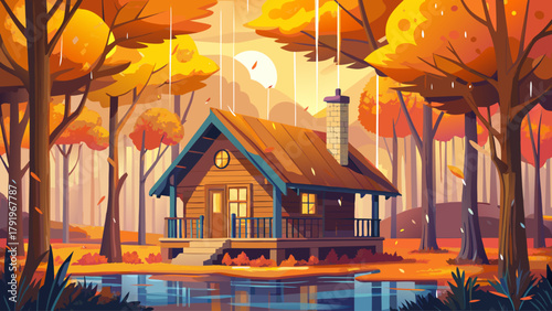 Charming wooden cabin nestled among golden autumn trees on a rainy morning, windows softly glowing through the mist. A calm and heartwarming scene of seasonal beauty and comfort