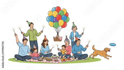Festive Gathering: A joyous family celebrating a special occasion with vibrant balloons, sparklers, a picnic, and their beloved dog, creating a scene of warmth and togetherness.