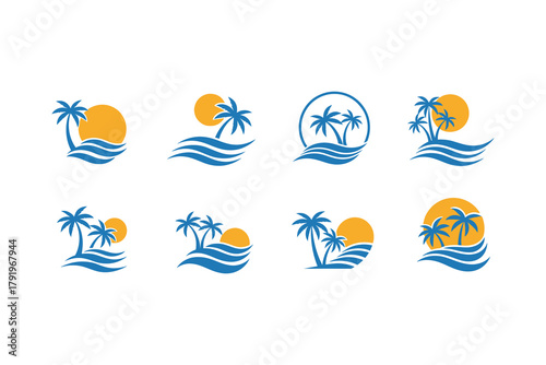 Collection of tropical beach sunset and sunrise emblem designs