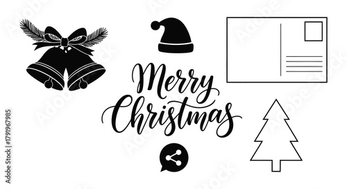 Collection of festive christmas icons including bells santa hat postcard tree and merry christmas text
