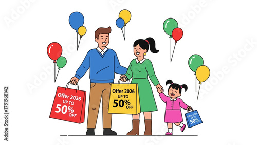 Family Shopping Celebration: A family of three, brimming with smiles and holding shopping bags, celebrates a shopping day out, joyfully surrounded by balloons, against a clean background.