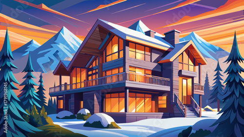 A breathtaking modern luxury chalet in Aspen, Colorado, surrounded by snow-covered pine trees and mountain peaks glowing in the sunset light. A dream winter getaway exuding warmth, elegance