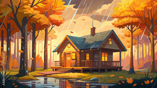 Charming wooden cabin nestled among golden autumn trees on a rainy morning, windows softly glowing through the mist. A calm and heartwarming scene of seasonal beauty and comfort