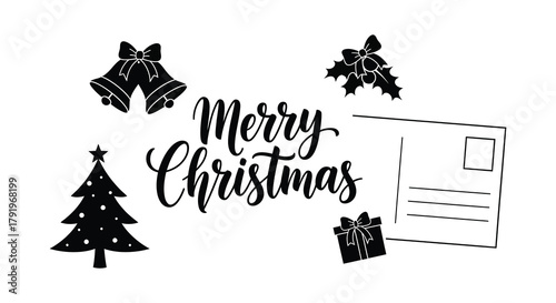 Merry christmas handwritten calligraphy with festive icons including bells holly tree gift and postcard