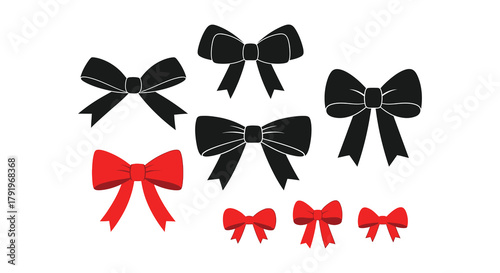 Collection of elegant black and red satin bows for gift wrapping and decoration on a white background