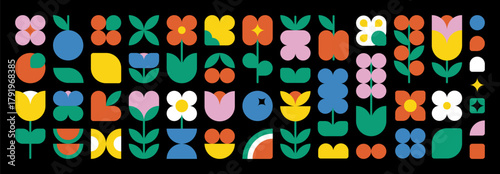 Flower berry fruit abstract geometric shapes. Brutal modern contemporary figure and icon arch cloud vawe star oval circle and other primitive elements. Swiss design aesthetic. Bauhaus memphis design.