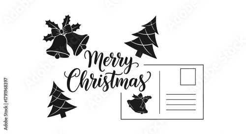Merry christmas handwritten text with festive elements like bells trees and gift on white background