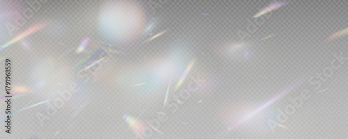 Set of rainbow light flares, reflection effect, falling confetti. Light rainbow lights with transparent effect, sparkling prism, stripe overlay, rainbow crystal, vector, png.