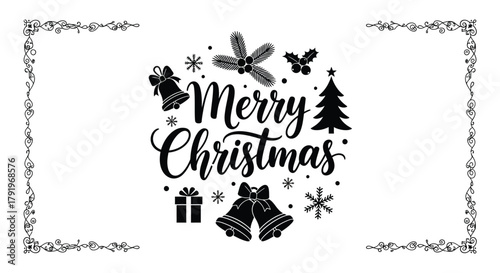 Festive merry christmas typographic design with holiday elements and decorative borders
