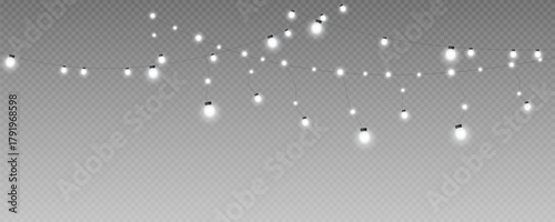 Christmas garland isolated on transparent background. Glowing colorful light bulbs with sparkles.Xmas, New Year, wedding or Birthday decor. Party event decoration. Winter holiday season element.