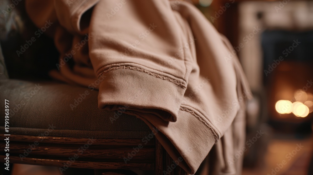 Fototapeta premium Close up of a folded beige fabric on a chair near a fireplace