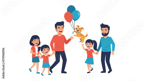 Family Happiness with Balloons: Capturing a heartwarming scene of a family, brimming with joy, holding balloons, and accompanied by their playful puppy. A portrait of love and connection.