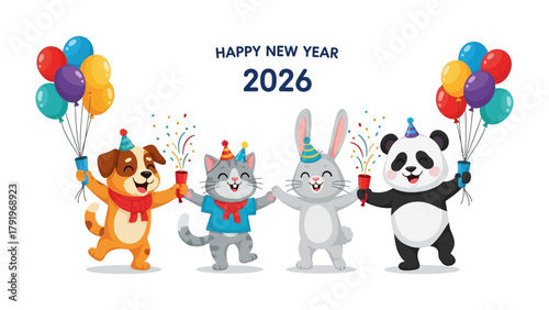 New Year's Celebration with Animal Friends: A vibrant and joyous scene, the image features a collection of animated animals, each adorned with celebratory hats and festive balloons.
