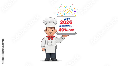 Culinary Countdown to Savings: A cheerful chef presents a promotional sign, heralding a Happy 2026 Special Deal with a generous 40% discount, accompanied by festive confetti.