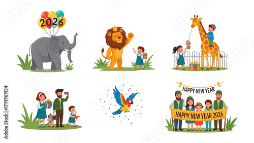 Joyous New Year 2026 Celebration: Adorable illustration celebrating the new year. Capturing the happiness with playful animals and festive decoration.
