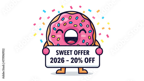 Sweet Deal Donut: A cheerful donut character enthusiastically presents a Sweet Offer with a tempting discount, surrounded by colorful confetti, promising a delightful treat and excellent value.