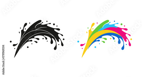 Abstract splash designs a black and white variant with a colorful rainbow burst