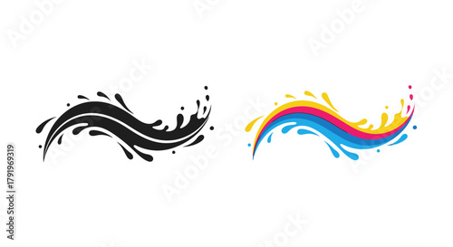 Abstract splash designs in black and vibrant color variations presented side by side