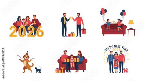 Celebrating New Year's Eve 2026: A set of six vector illustrations captures festive moments of family and friends celebrating the new year with gifts, cheers, and joy.