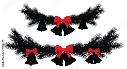 Two festive black christmas garlands adorned with red bows and jingle bells on a white background