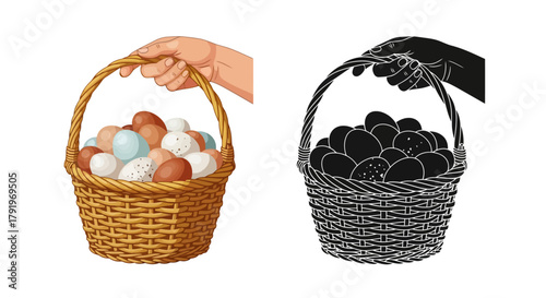 A colorful basket of eggs displayed alongside its monochrome shadow illustration