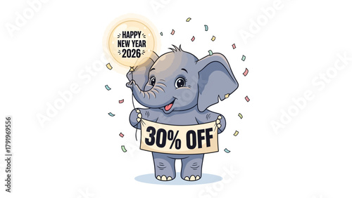 Year-End Sale Elephant: An adorable elephant character joyfully announces a 30% OFF sale with a happy Happy New Year 2026 message. A cheerful depiction that's perfect for year-end promotions.