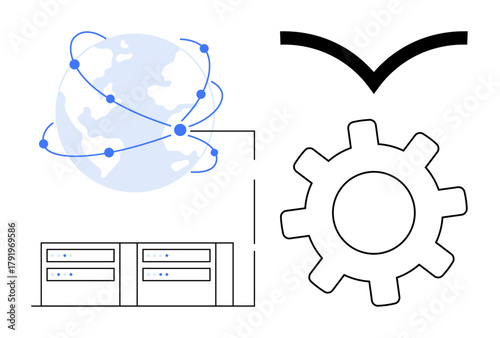 Globe with connected points, data servers, gear, and arrow form a tech concept. Ideal for connectivity, global reach, data management, cloud optimization innovation progress. Simple flat metaphor