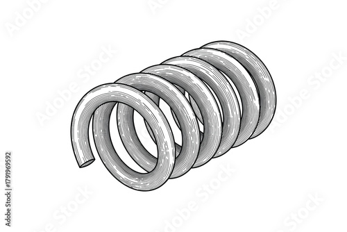 Detailed line art engraving of metal spiral spring. Industrial coil component illustration.