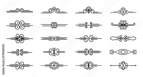 Diverse collection of line art decorative text dividers with various swirl and curl designs