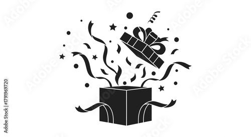 Surprise gift box exploding with confetti streamers and stars for celebration and special occasions