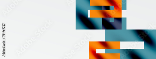 Abstract colorful shapes dominate right side. White space occupies majority image area. Gradient hues blend, creating visual interest.