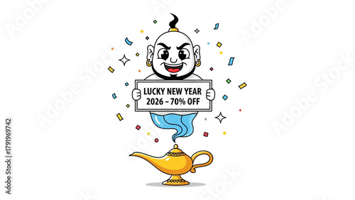 Genie's Lucky New Year Wishes: A cheerful genie emerges from a magical lamp, holding a sign offering festive discounts for a prosperous new year. It's a symbolic illustration of wishes and happiness.