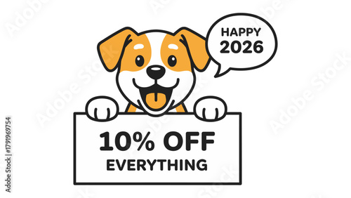 New Year Promotion - Dog with Discount: A cheerful dog character conveys a special offer, holding a sign displaying 10% OFF EVERYTHING with a speech bubble that announces HAPPY 2026.