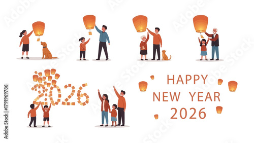 Celebrating New Year with Lanterns: Family members and their dogs are joyfully releasing lanterns into the sky to celebrate new year.  A symbol of togetherness.