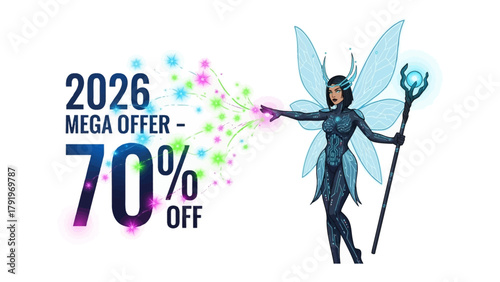 Fantasy Mega Offer: A mesmerizing illustration of a magical fairy presents a mega offer, the radiant design of an exciting deal. conveying enchantment and savings.