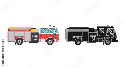 Side view illustration of a red and black fire truck detailed vehicle design